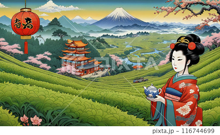 beautiful geisha picking traditional green tea, Chinese and Japanese 116744699