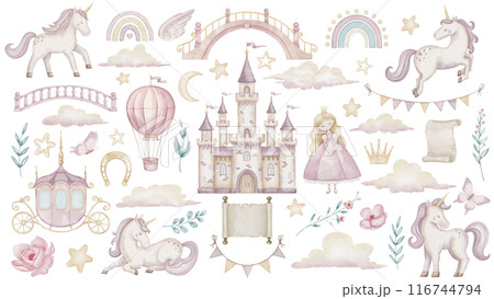 Watercolor clipart with Unicorns and princess castle in pastel pink and beige colors for Baby girls. Illustration of balloon, stars and clouds for childish design. Fantasy carriage and garlands. 116744794