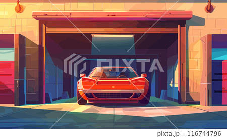 Sports Car Parked in Stadium Garage Front View Cartoon Game Background Luxury Vehicle Automobile Racing Track Speed Performance Illustration Stadium Parking Garage Automotive 116744796
