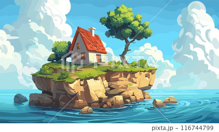 Small House on a Cliff in the Middle of the Sea Cartoon Game Background Isolated Home Ocean View Scenic Landscape Coastal Dwelling Adventure Illustration Remote Seaside Cliffside 116744799