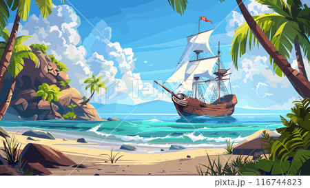 Pirate Ship Anchored off a Tropical Island Cartoon Game Illustration Adventure Sea Ocean Treasure Hunt Palm Trees Beach Coastline Nautical Exploration Illustration Lagoon Island 116744823