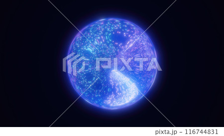 Abstract blue bright glowing background with a sphere core atom energy burning ball circle made of waves of energy rays and plasma with light 116744831