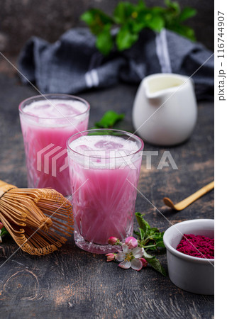 Pink matcha ice latte with milk Pink matcha ice latte with milk 116744907