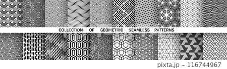 Geometric set of seamless black and white patterns. Simple vector graphics. 116744967