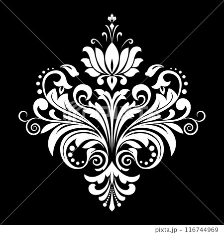 Damask graphic ornament. Floral design element. Black and white vector pattern. 116744969