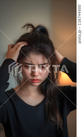 Young Woman Holding Head in Discomfort Indoors 116744980