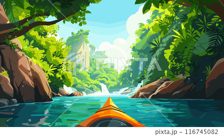 Kayak on the River Flowing Away in the Jungle Thickets Cartoon Game Background Adventure Paddling Wilderness Exploration Tropical Landscape Jungle Adventure Illustration 116745082