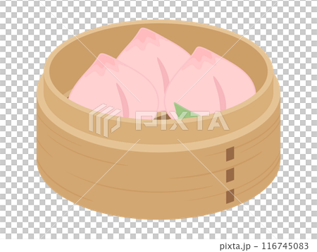 Illustration of peach bun dim sum in a bamboo steamer 116745083