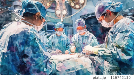 High-angle view of a complex surgical procedure, digital watercolor, emphasis on fluid motion and vibrant colors, showcasing the coordination and precision of the surgical team 116745130