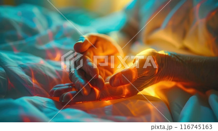 Palliative care services, close up, focus on, striking colors, Double exposure silhouette with comforting hands 116745163