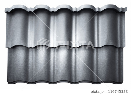 Lightweight galvanised steel roofing sheet isolated on white background. Modular tile effect roof panel. Traditional metal shingle tiles. Popular profiled metallic pantile mimic clay or concrete slate 116745328