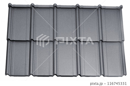 Lightweight galvanised steel roofing sheet isolated on white background. Modular tile effect roof panel. Traditional metal shingle tiles. Popular profiled metallic pantile mimic clay or concrete slate 116745331