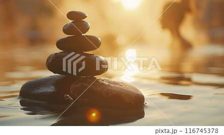 A zen stone stack sits in calm water, bathed in golden sunset light. The blurred figure in the background adds a sense of peace and tranquility. A zen stone stack sits in calm water, bathed in golden sunset light. The blurred figure in the background adds a sense of peace and tranquility. 116745378