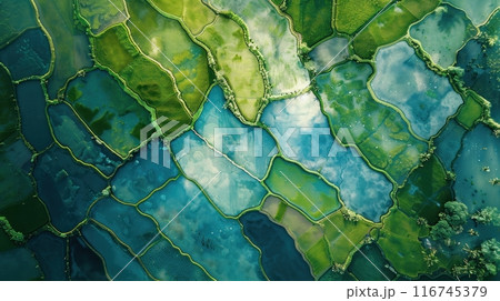 Aerial view of vibrant green rice terraces reflecting the sky. Aerial view of vibrant green rice terraces reflecting the sky. 116745379