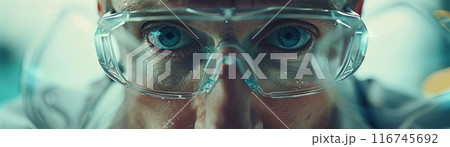 Close-up of a man's eyes wearing safety glasses. Close-up of a man's eyes wearing safety glasses. 116745692