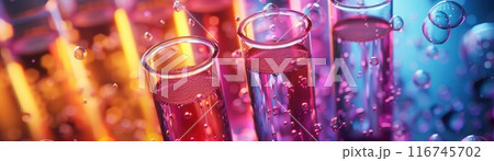 Close-up of colorful liquid in glass tubes. 116745702