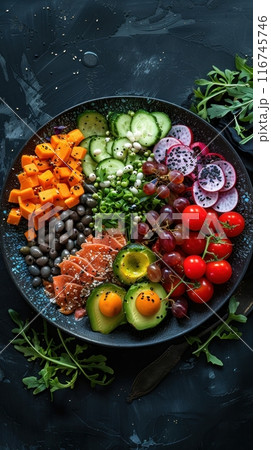 A colorful and healthy salad with various vegetables, fruits, and beans, arranged in a circle on a black plate. A colorful and healthy salad with various vegetables, fruits, and beans, arranged in a circle on a black plate. 116745746