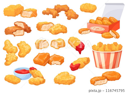Chicken nuggets. Fried chick nugget with tomato ketchup, tenders breaded chickens crispy chips american fast food snack on lunch unhealthy food set cartoon neat illustration 116745795