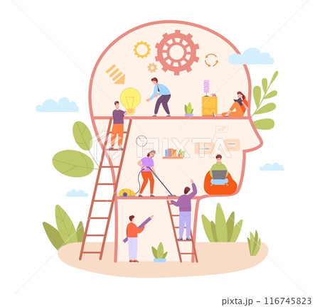 Personal self knowledge. Psychology development workshop, self growth skill mental mind improvement concept small people fulfillment idea order in abstract head illustration Personal self knowledge. Psychology development workshop, self growth skill mental mind improvement concept small people fulfillment idea order in abstract head illustration 116745823