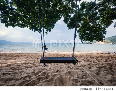 Tropical beach swing under palm tree shade Tropical beach swing under palm tree shade 116745884