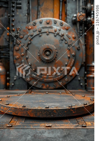 Rusty metal wheel with gears, a circular platform in front, steampunk background. Rusty metal wheel with gears, a circular platform in front, steampunk background. 116745986