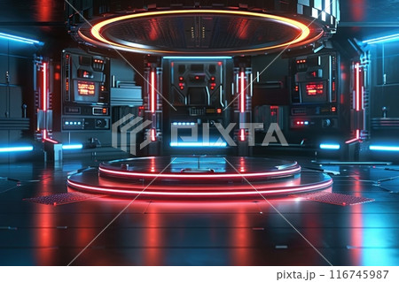 Sci-fi futuristic spaceship interior with glowing neon lights 116745987
