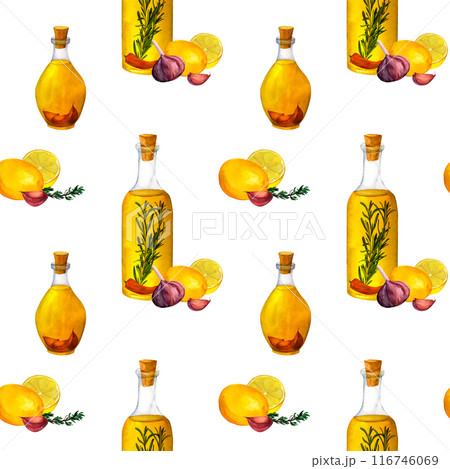 Bottle of flavored olive oil with rosemary, lemon garlic Seamless pattern for prints on wallpaper, textiles, diy, scrapbooking for packaging. For kitchen and restaurant design, cook and recipe book 116746069