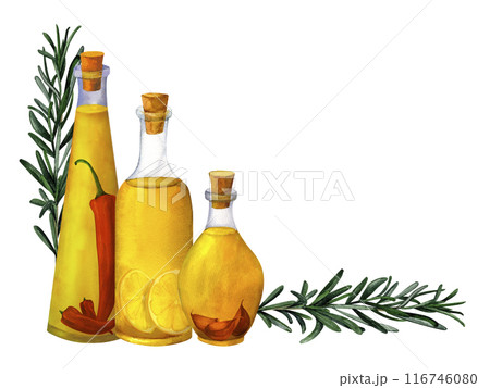 Flavored olive oil with spices, aromatic kitchen herbs, chili pepper and garlic. Hand drawn watercolor composition for printing on cards, invitations, recipes, cookbooks, packaging and product labels Flavored olive oil with spices, aromatic kitchen herbs, chili pepper and garlic. Hand drawn watercolor composition for printing on cards, invitations, recipes, cookbooks, packaging and product labels 116746080