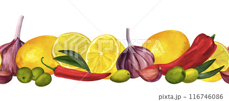 Lemon, olives, hot chili pepper and garlic. Seamless watercolor border for prints on paper, textiles, diy, scrapbooking for packaging. For kitchen and restaurant design, cook and recipe book. Lemon, olives, hot chili pepper and garlic. Seamless watercolor border for prints on paper, textiles, diy, scrapbooking for packaging. For kitchen and restaurant design, cook and recipe book. 116746086