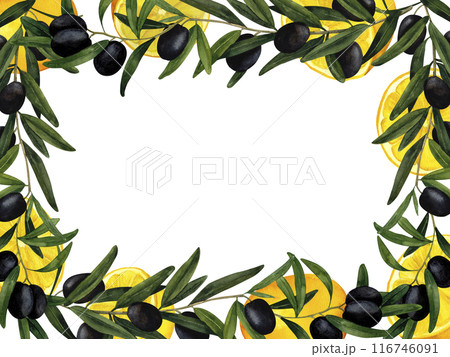 Olive branches and lemons watercolor frame, hand-painted composition for printing on cards, invitations, recipes, cookbooks, packaging and product labels 116746091