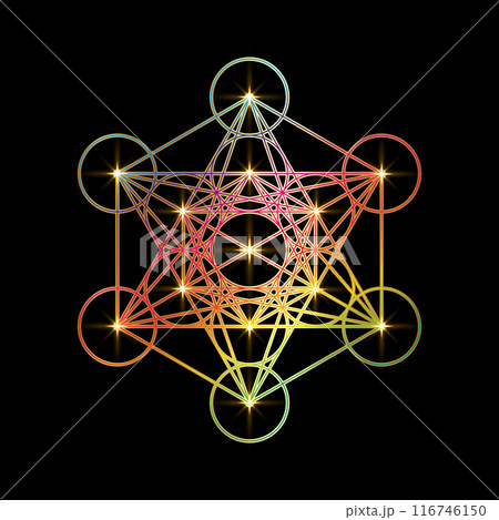 Psychedelic Metatron's Cube,  Flower of Life. Gold Sacred geometry. Mystic colorful icon platonic solids Merkabah, abstract geometric drawing, crop circles sign. Graphic logo element isolated on black 116746150