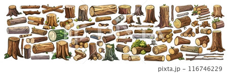 Wooden logs stumps. Cartoon trunk wood timber material, trees branches hardwood piece stack lumber woodwork carpentry industry, raw log for campfire set vector illustration Wooden logs stumps. Cartoon trunk wood timber material, trees branches hardwood piece stack lumber woodwork carpentry industry, raw log for campfire set vector illustration 116746229