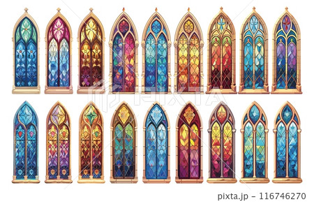 Stained glass windows. Cartoon window mosaic ornament art in christian temple, catholic religion arch frames gothic church interior stained-glass set vector illustration Stained glass windows. Cartoon window mosaic ornament art in christian temple, catholic religion arch frames gothic church interior stained-glass set vector illustration 116746270