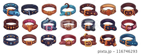Pet collars. Puppy dog or cat collar, medieval fantasy leather belt with buckle for canine neck control, leather cartoon casual game set vector illustration Pet collars. Puppy dog or cat collar, medieval fantasy leather belt with buckle for canine neck control, leather cartoon casual game set vector illustration 116746293