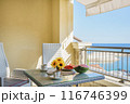 Sunny Mediterranean Balcony Breakfast with Sea View 116746399