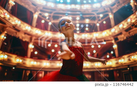 girl in a red tutu dancing on the stage 116746442
