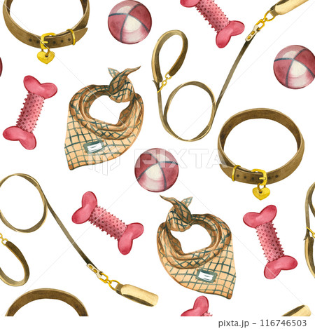 Seamless watercolor pattern. Accessories for pets, balls, bones, collars, leashes, fish. All objects are hand-painted with watercolors. Suitable for printing on fabric, paper, for pets. 116746503