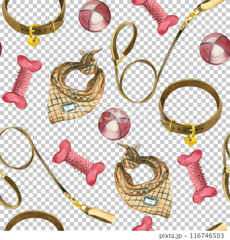 Seamless watercolor pattern. Accessories for pets, balls, bones, collars, leashes, fish. All objects are hand-painted with watercolors. Suitable for printing on fabric, paper, for pets. 116746503