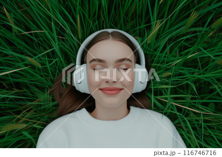 Green Melodies: Relaxed Girl Finds Solace in Nature's Soundtrack 116746716