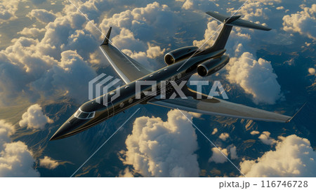 Sleek Private Plane Amidst Vibrant Sunset Cloudscape Sleek Private Plane Amidst Vibrant Sunset Cloudscape 116746728