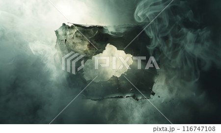 Burnt paper with hole and rays of light through smoke, mysterious concept 116747108