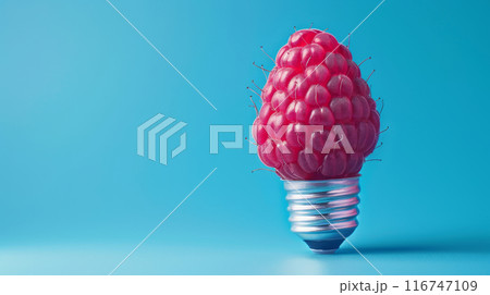 Light bulb shaped like a raspberry against a blue background 116747109