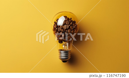 Light bulb filled with coffee beans on yellow background, creative concept Light bulb filled with coffee beans on yellow background, creative concept 116747190