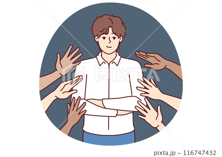 Popular business man beside many hands wanting to touch idol, for concept of corporate training 116747432