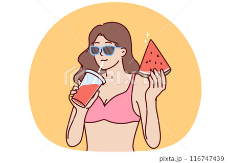 Woman in bikini drinks fruit smoothie and eats watermelon relaxing on beach or pool party Woman in bikini drinks fruit smoothie and eats watermelon relaxing on beach or pool party 116747439