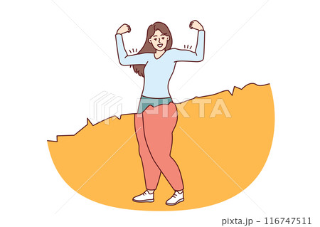 Slender woman before and after fitness shows muscles to show off weight loss after diet 116747511