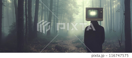 Person with tv head in foggy forest, surreal concept 116747575
