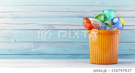 Orange recycling bin filled with plastic bottles and containers against blue wood plank wall Orange recycling bin filled with plastic bottles and containers against blue wood plank wall 116747637