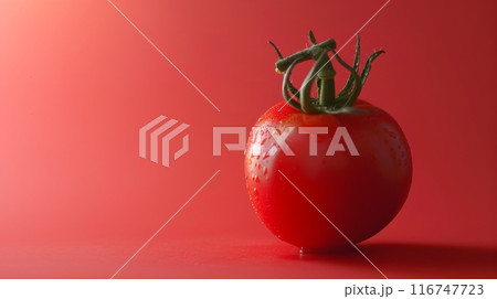 Fresh tomato with water droplets on red background, studio shot. Healthy eating and organic food concept 116747723