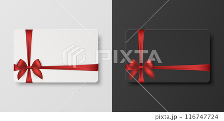 Vector 3D Realistic Blank Gift Card and Gift Certificate Template with Silk Red Ribbon and Satin Bow. Greeting or Sale Card, Isolated. Birthday, Christmas, Party Gifts, Invitation Concept 116747724